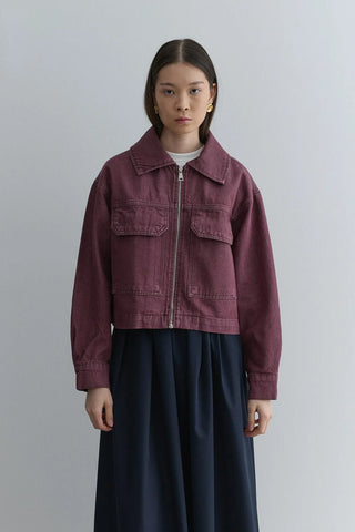 Metal Fermuarlı Denim Ceket Bordo