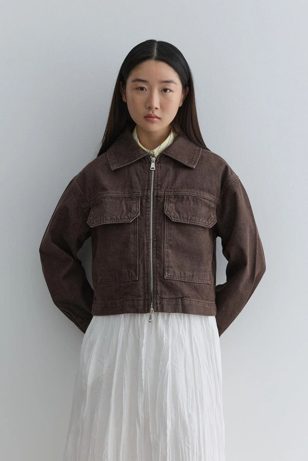 Metal Zipper Denim Jacket Brown
