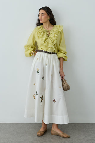 Nakışlı Büzgülü Etek Ekru