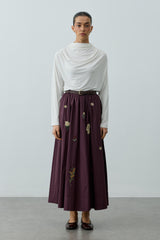 Nakışlı Büzgülü Etek Mürdüm