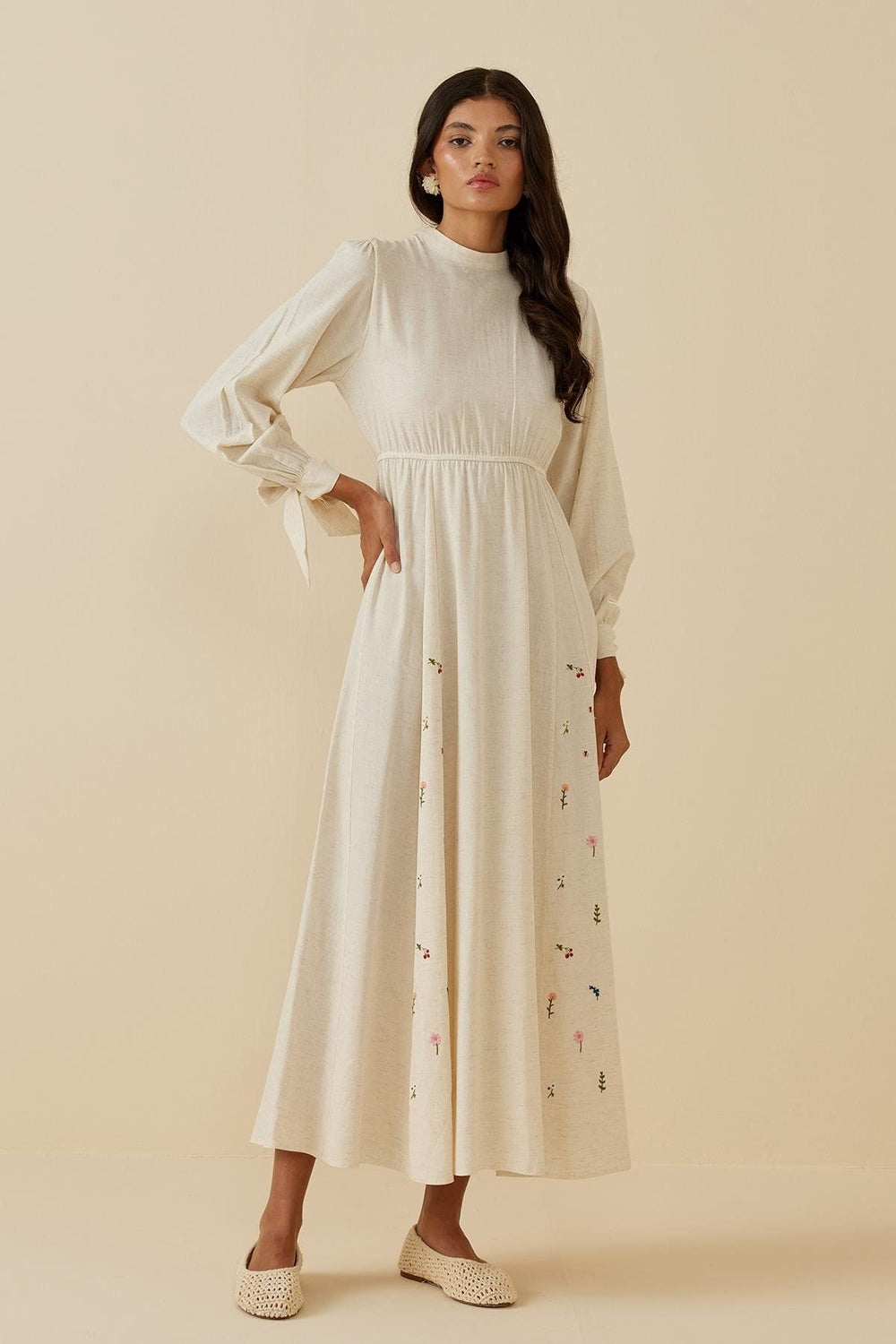 Embroidered Linen Dress Beige