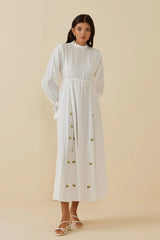 Nakışlı Keten Elbise Beyaz