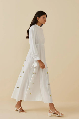 Nakışlı Keten Elbise Beyaz - Fahhar Design