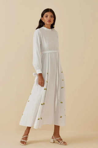 Nakışlı Keten Elbise Beyaz - Fahhar Design