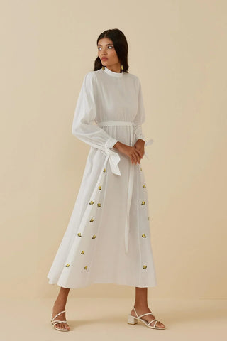 Nakışlı Keten Elbise Beyaz - Fahhar Design