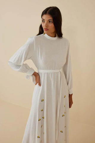 Nakışlı Keten Elbise Beyaz - Fahhar Design