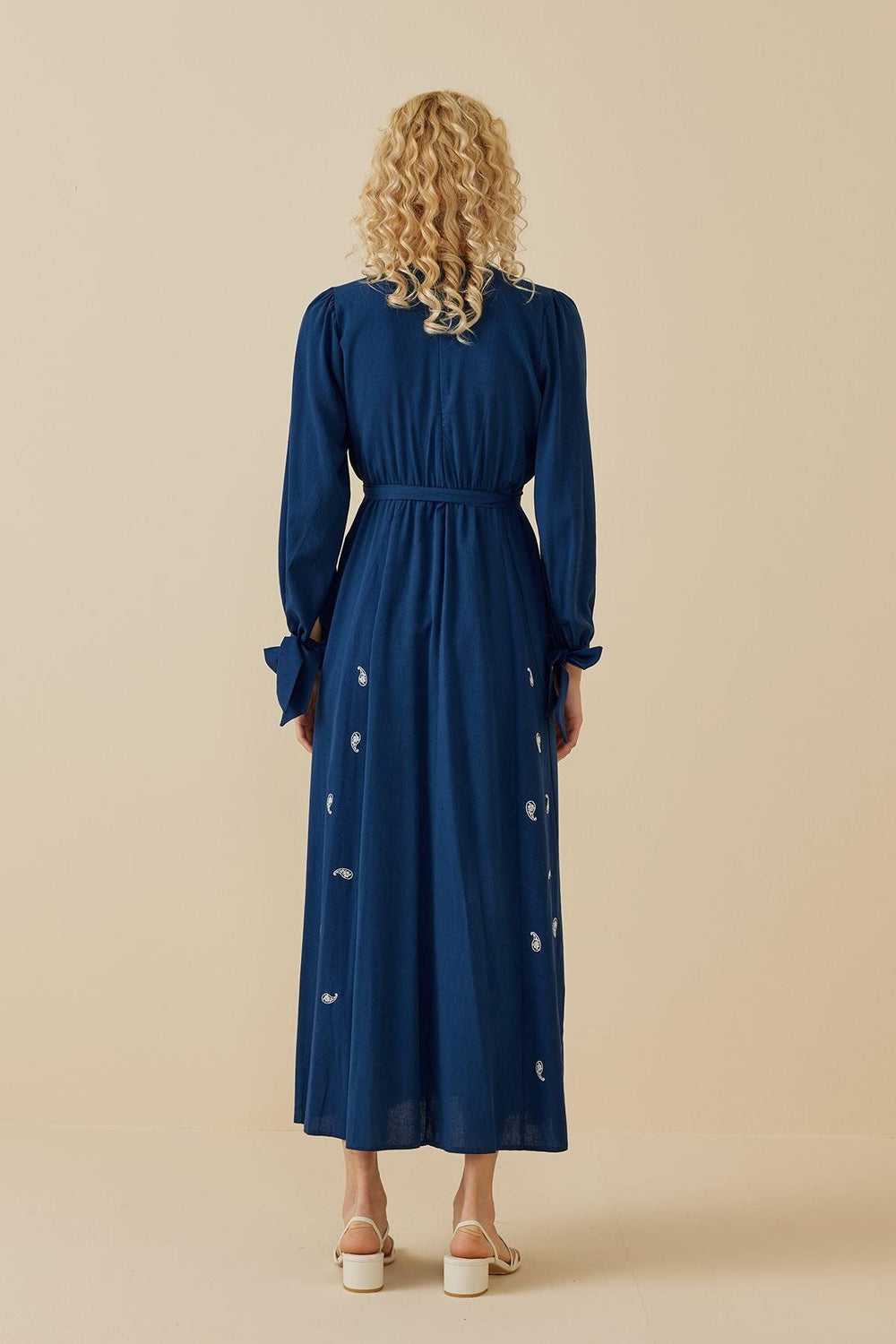 Embroidered Linen Dress Blue