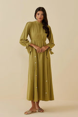 Nakışlı Keten Elbise Yeşil