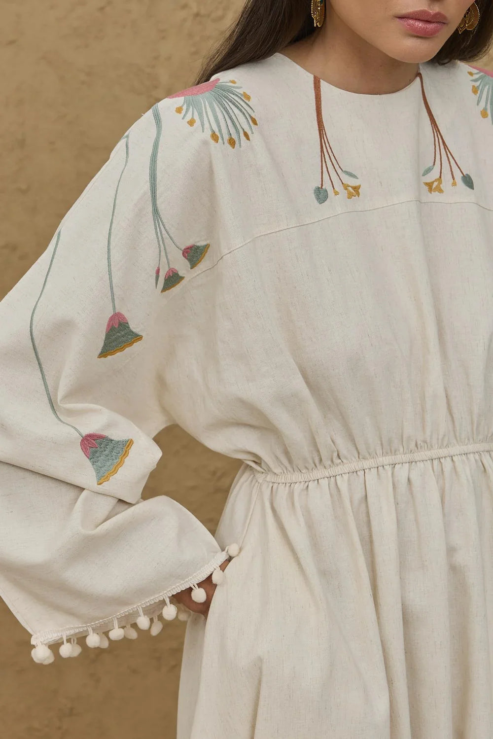 Embroidered Linen Blend Dress Natural