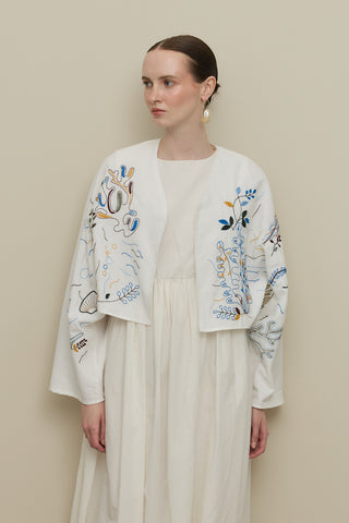 Nakışlı Kimono Ceket Takım Beyaz