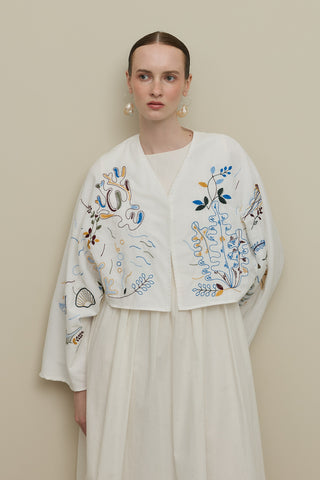 Nakışlı Kimono Ceket Takım Beyaz