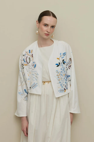 Nakışlı Kimono Ceket Takım Beyaz