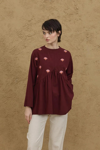 Nakışlı V Yaka Gömlek Bordo - Fahhar Design