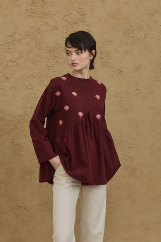Nakışlı V Yaka Gömlek Bordo - Fahhar Design