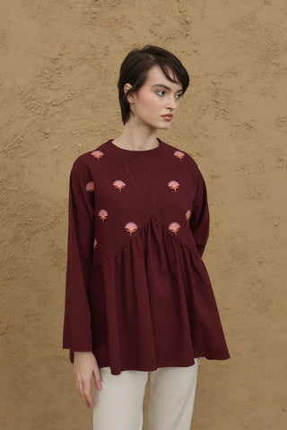 Nakışlı V Yaka Gömlek Bordo - Fahhar Design