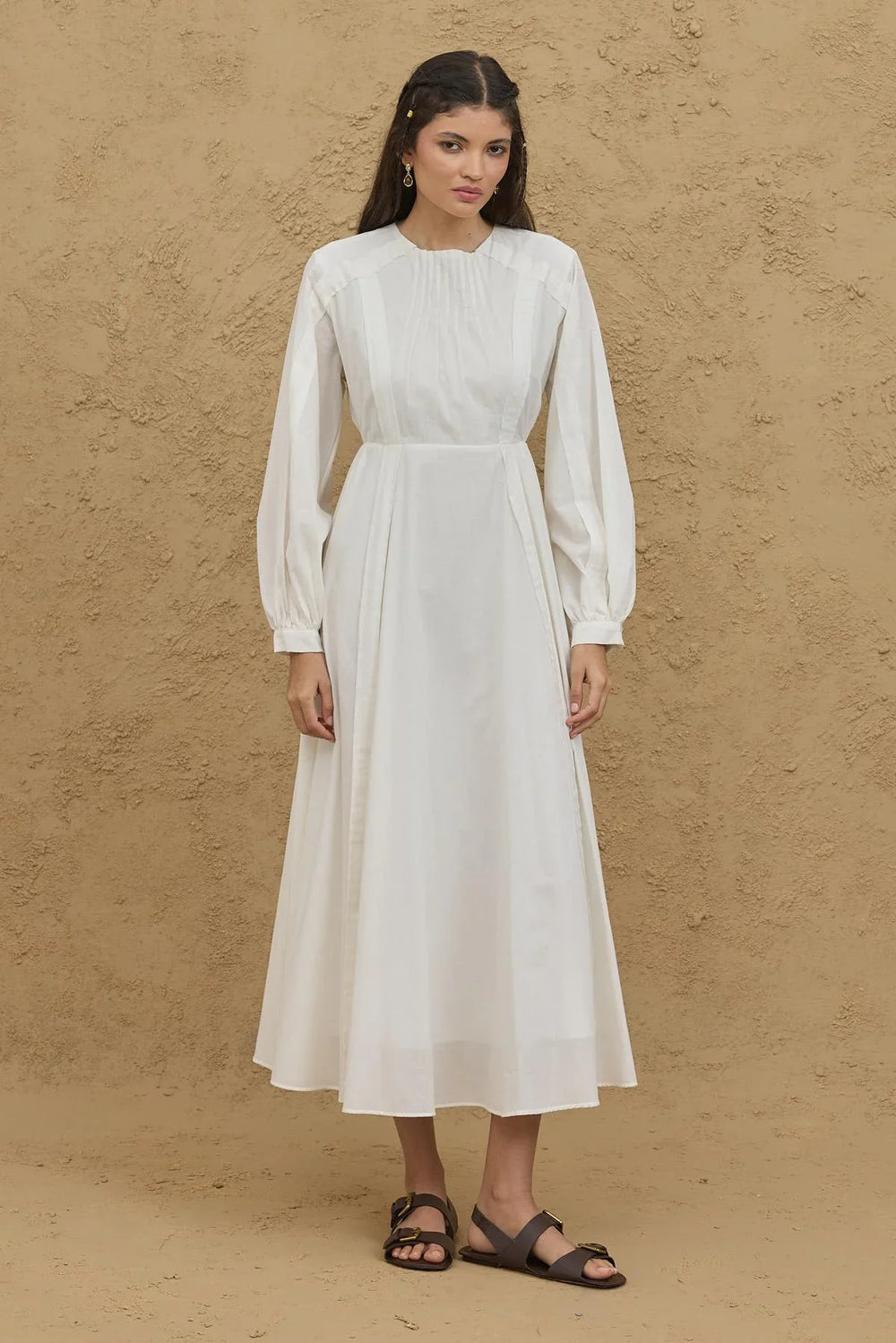 Ribbed Detailed Voile Dress in Ecru