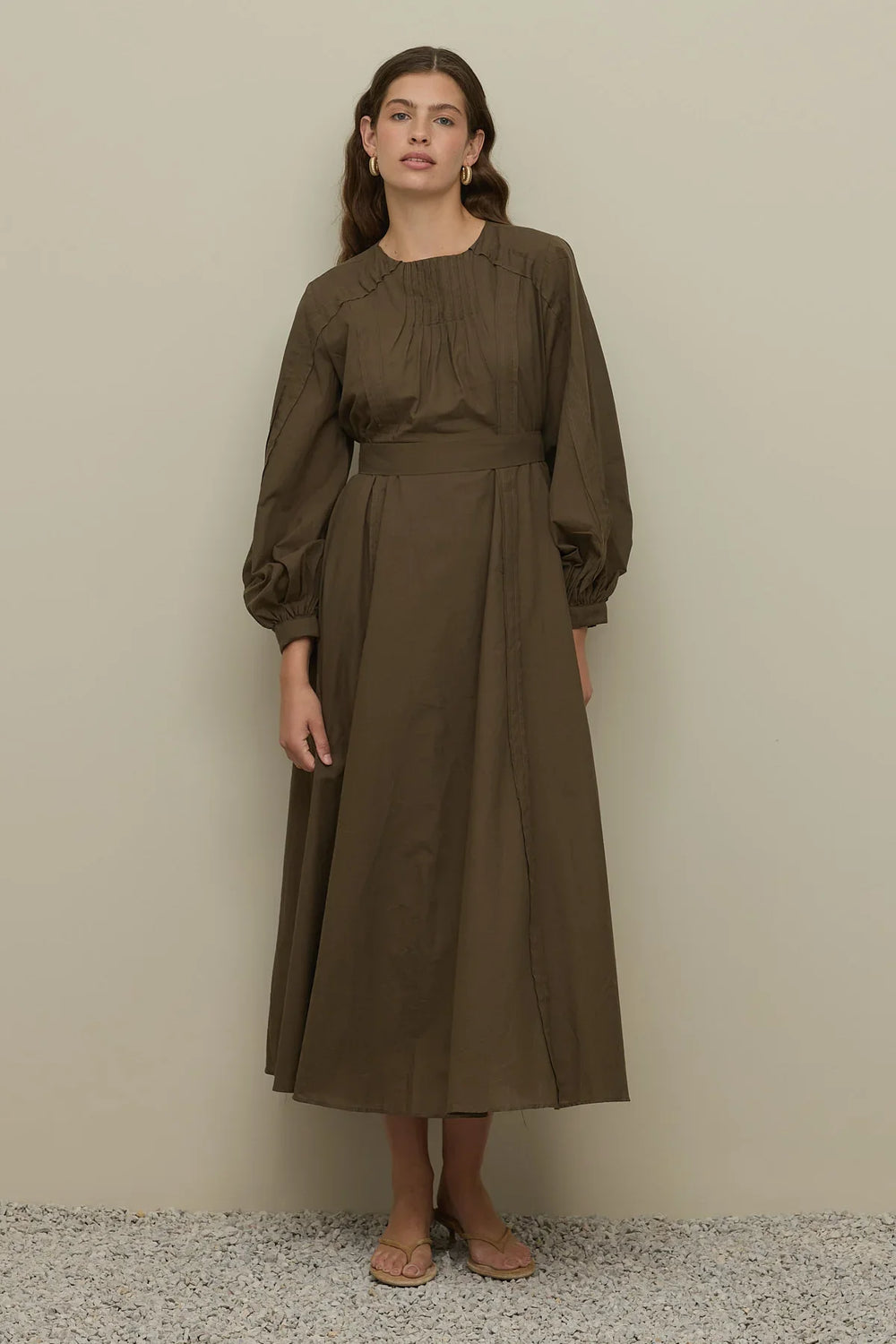 Ribbed Detailed Voile Dress Brown