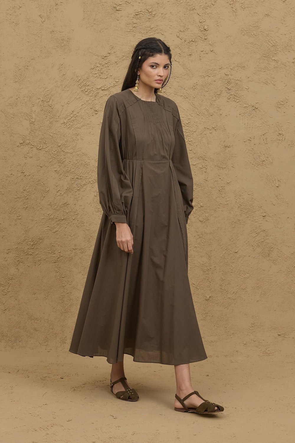 Ribbed Detailed Voile Dress Green
