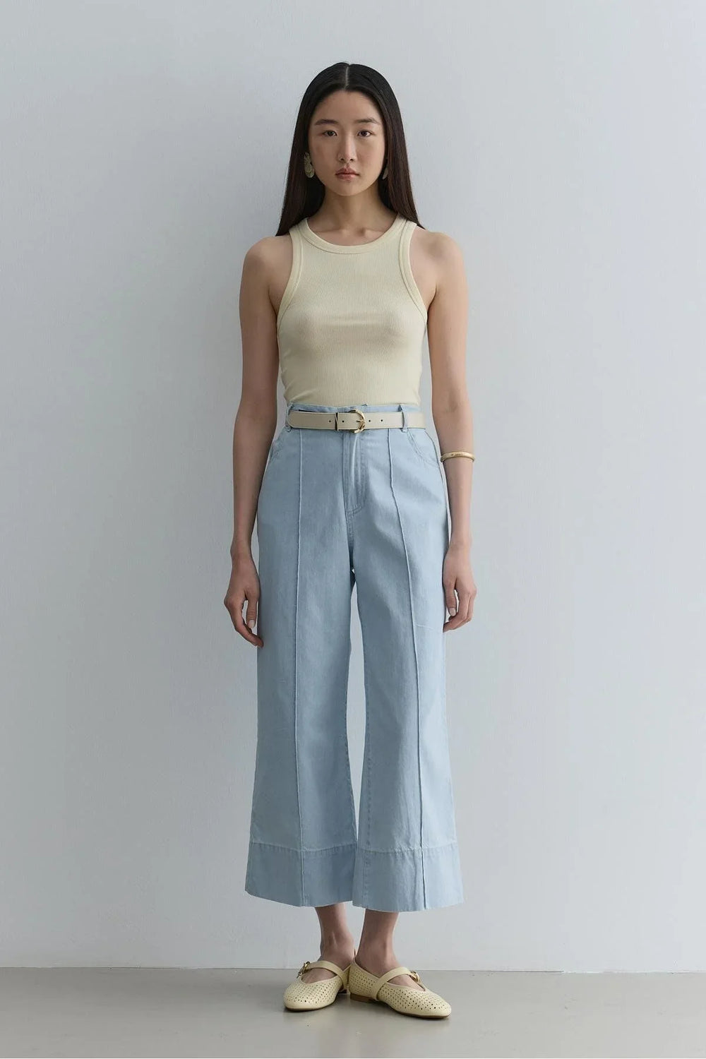 Ribbed Stitched Denim Trousers Light Blue