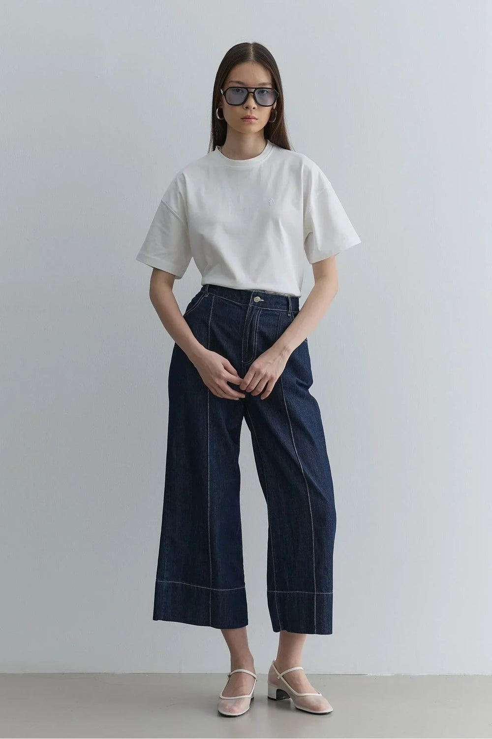 Ribbed Stitched Denim Trousers Navy Blue