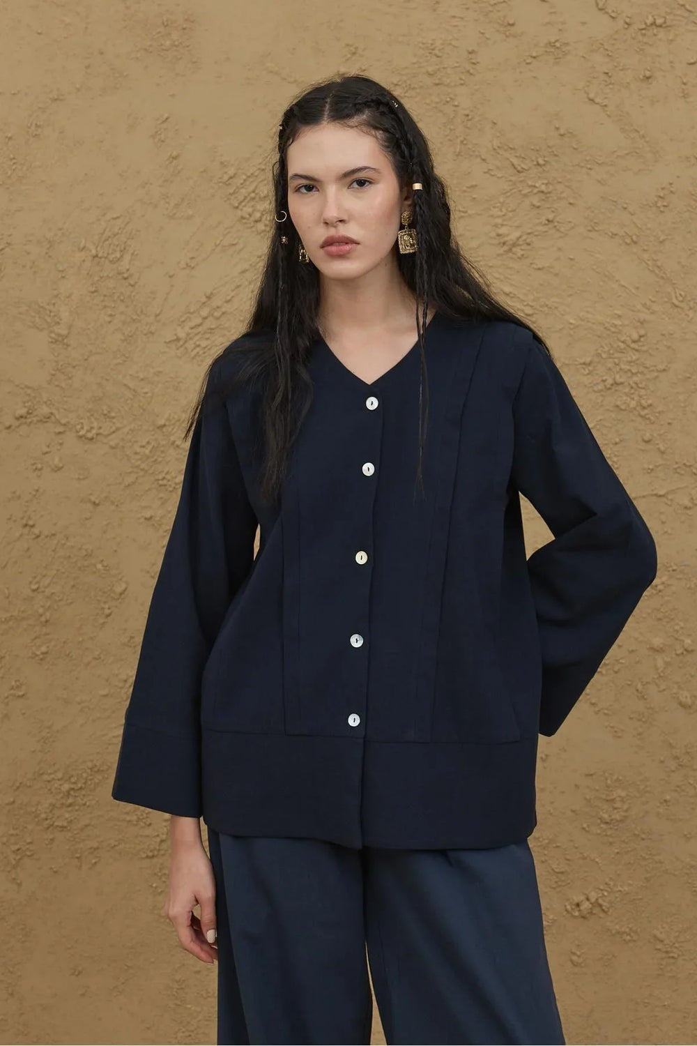 Ribbed Kimono Shirt Navy Blue