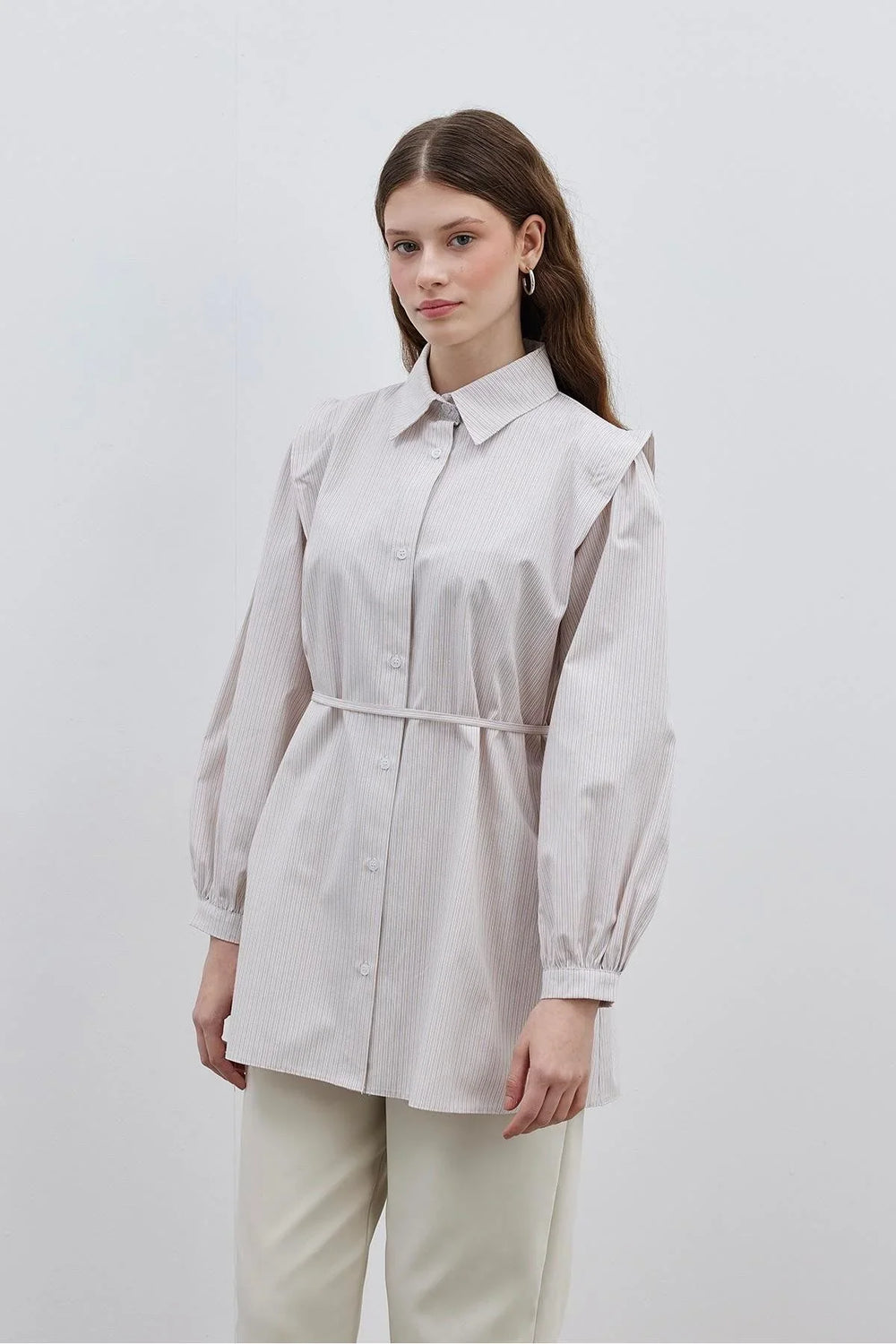 Striped Shirt with Shoulder Details, Light Pink