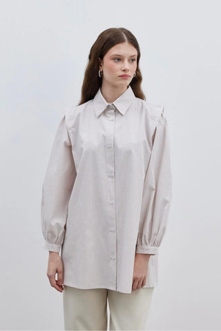 Omuz Detaylı Çizgili Gömlek Açık Pembe - Fahhar Design