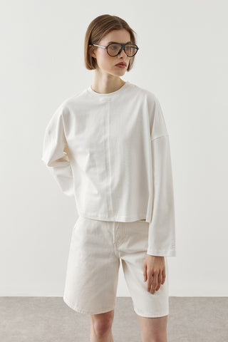 Önü Dikişli Basic Uzun Kollu T-Shirt Ekru