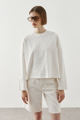 Önü Dikişli Basic Uzun Kollu T-Shirt Ekru