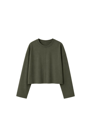 Önü Dikişli Basic Uzun Kollu T-Shirt Haki