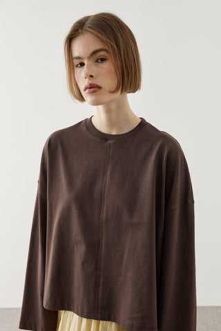 Önü Dikişli Basic Uzun Kollu T-Shirt Kahverengi
