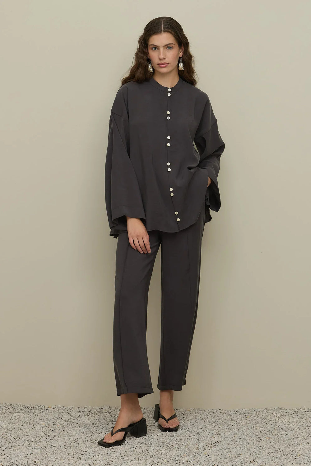 Buttoned Front Modal Shirt Set Anthracite