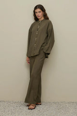 Buttoned Front Modal Shirt Set Khaki