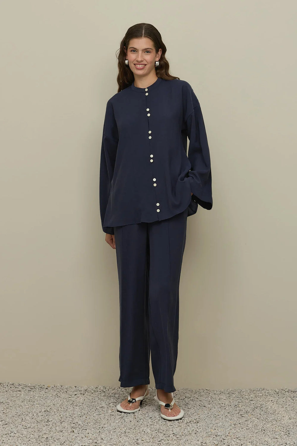 Buttoned Front Modal Shirt Set Navy Blue
