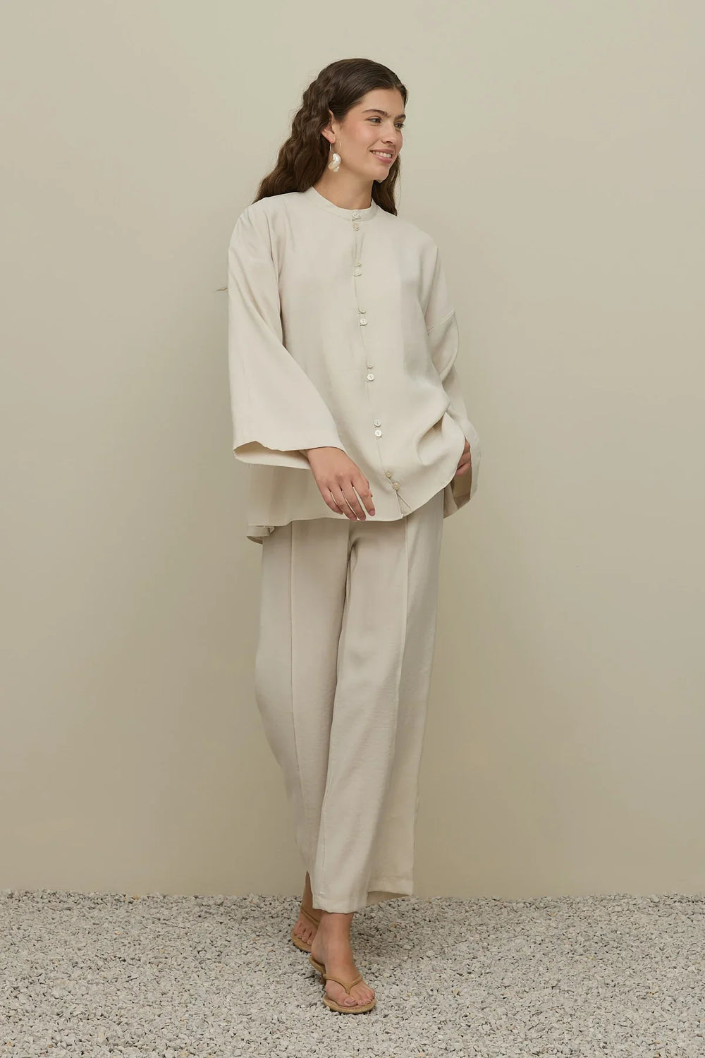 Buttoned Front Modal Shirt Set Stone