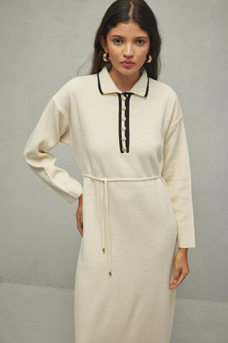 Önü Düğmeli Triko Elbise Vanilya