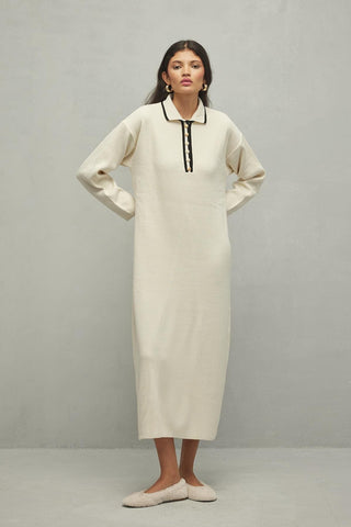 Önü Düğmeli Triko Elbise Vanilya - Fahhar Design