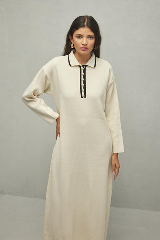 Önü Düğmeli Triko Elbise Vanilya - Fahhar Design