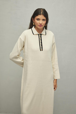 Önü Düğmeli Triko Elbise Vanilya - Fahhar Design