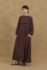 Önü Geniş Nervürlü Elbise Kahverengi