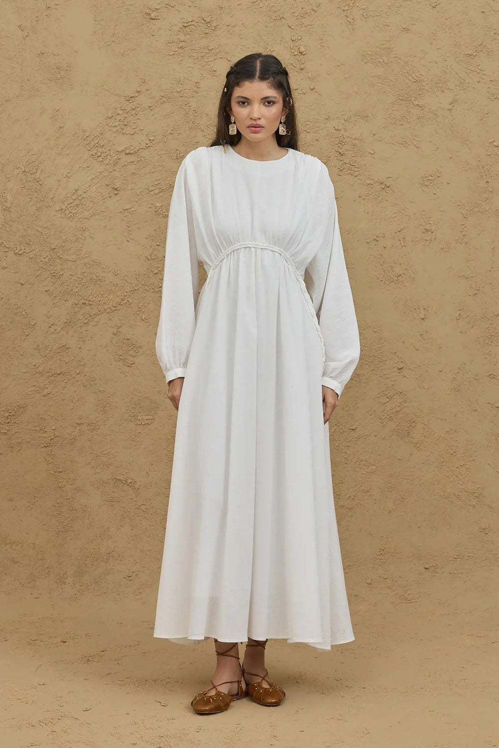 Knit Detailed Crepe Dress in Ecru