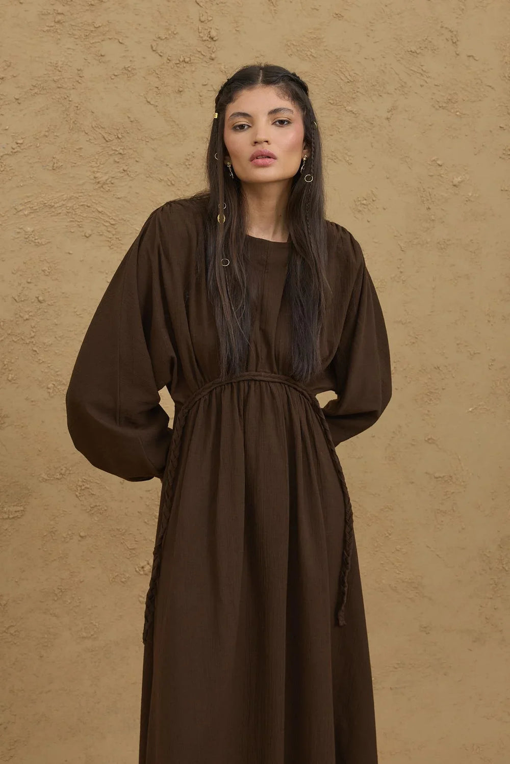 Knitted Detailed Crepe Dress Brown