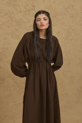 Örgü Detaylı Bürümcük Elbise Kahverengi