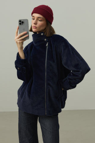 Oversize Biker Ceket Lacivert