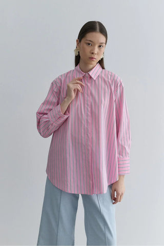 Oversize Çizgili Gömlek Pembe - Fahhar Design