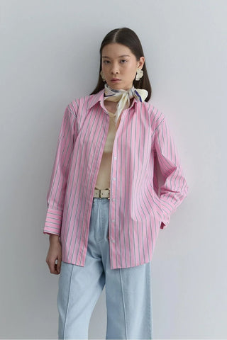 Oversize Çizgili Gömlek Pembe - Fahhar Design
