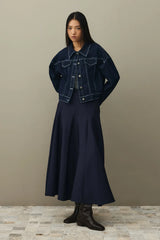 Oversize Kısa Denim Ceket Koyu Mavi