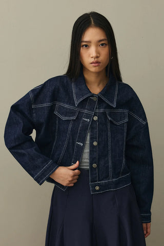 Oversize Kısa Denim Ceket Koyu Mavi