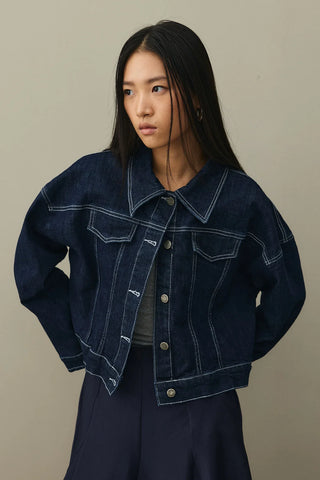 Oversize Kısa Denim Ceket Koyu Mavi