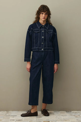 Oversize Kısa Denim Ceket Koyu Mavi